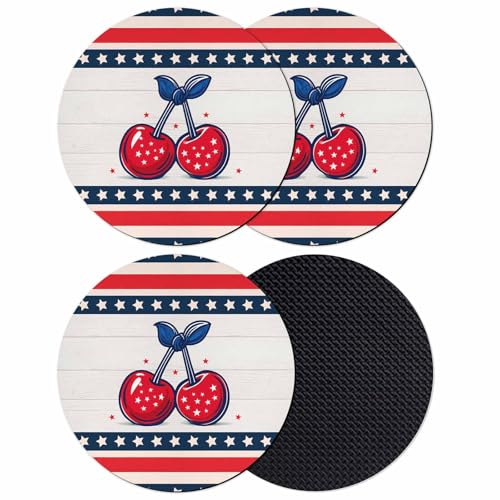 Qiaullityot 4th of July Coasters Set of 4, Absorbent Coasters for Drinks, Vintage Cherry Patriotic Red Blue Stars Striped Coaster for Desk Coffee Table Protection, Home Decor House Warming Gifts 4"