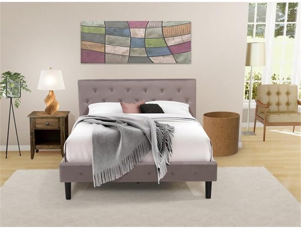 East West Furniture NL14Q-1GA07 2 Piece Queen Bed Set - Button Tufted Bed Frame - Brown Taupe Velvet Fabric Upholstered Headboard and a Distressed Jacobean Finish Nightstand