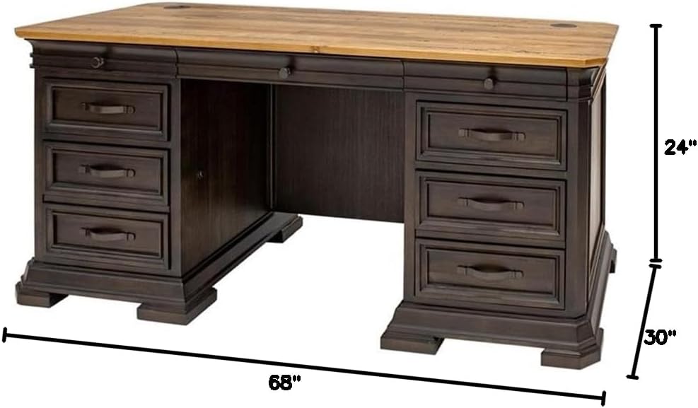 Pemberly Row Executive Credenza Desk, 68”W x 24”D x 30”H, Solid Wood Plank Top, Brown Finish, Dropfront Drawer, Locking File Drawer, Utility Drawers, Pull-Out Tray, USB/AC Power Center