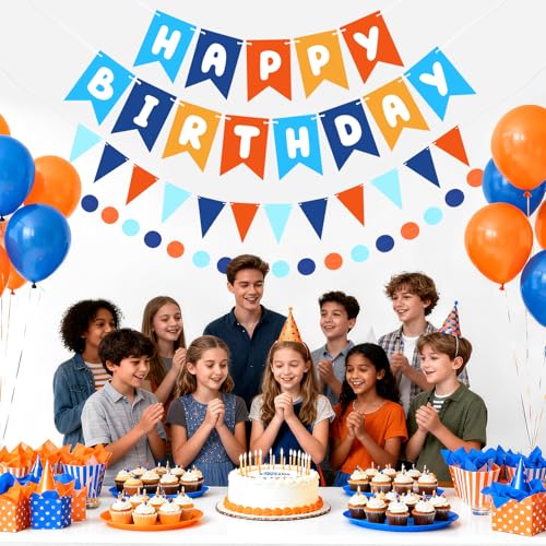 Image of Blue Orange Happy Birthday Banner Hanging Sign Circle Dot Triangle Bunting
