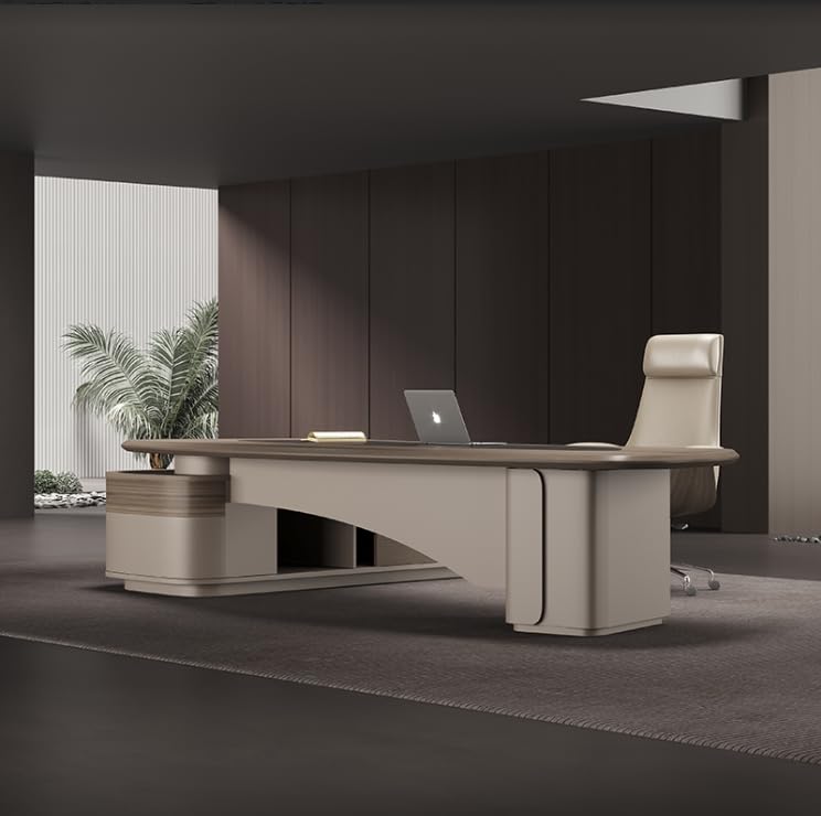 Image of Lakdi The Furniture Co Luxury Director Table with Curved Edges, Premium Beige Finish and Integrated Storage, Modern Office Desk for CEO and Director Cabins - LDL-729