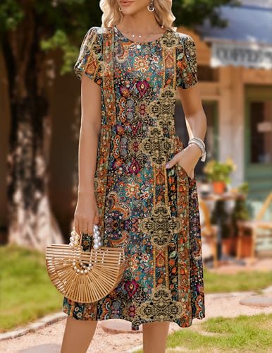 Image of HOTOUCH Women's Summer A-Line Midi Dresses 2026 Casual Floral Short Sleeve T-Shirt Dress Flowy Beach Sundress with Pockets