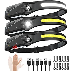 Rechargeable Headlamp 3PCS, 230° Wide Beam Head Lamp, Motion Sensor LED Headlamp Rechargeable, 5Mode Headlamps for Adults, Bright Head Lights for Forehead, Hard Hat Headlight, Camping Essentials Gear