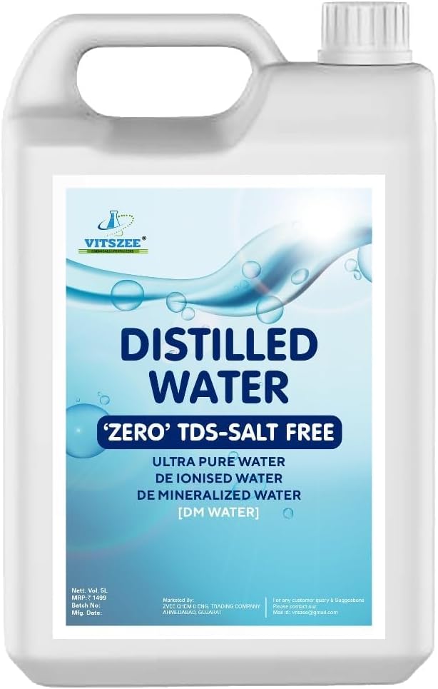 VITSZEE Distilled Water 5 Litre | 99.9% Pure Zero TDS Demineralized | High Purity HโO | Battery Water for Inverter & Automotive Batteries | Laboratory Grade | Humidifier, CPAP & Steam Iron Use