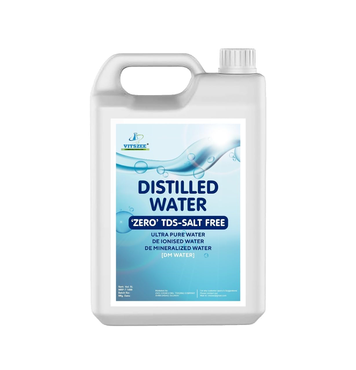 VITSZEE Distilled Water 5 Litre | 99.9% Pure Zero TDS Demineralized | High Purity H₂O | Battery Water for Inverter & Automotive Batteries | Laboratory Grade | Humidifier, CPAP & Steam Iron Use