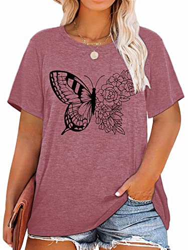 Plus Size Cute Colorful Butterfly T-Shirt Women Short Sleeve Floral Graphic Nature Tops