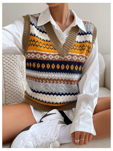 Floerns Women's Geo Pattern V Neck Sweater Vest Contrast Binding Knitted Tank Tops4