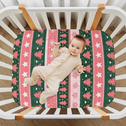Image of Crib Sheet Breathable Soft Crib Mattress Sheet for Baby Toddler Boys Girls Fitted Pack n Play Crib Sheet Fit Standard Crib Mattress 39 x 27 Inch Christmas Stripe Trees Pink