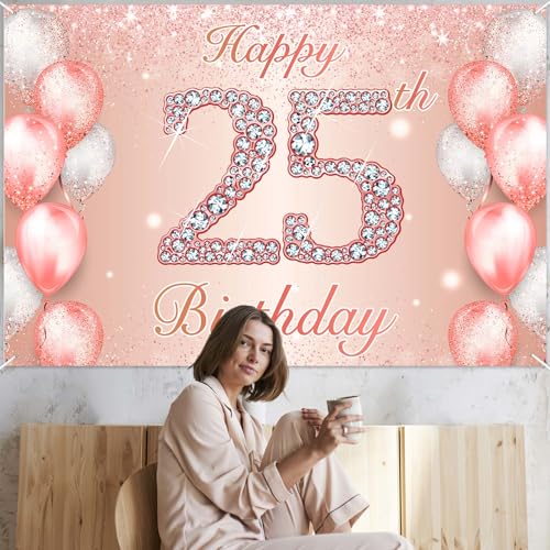 Image of Happy 25th Birthday Rose Gold Banner Cheers to 25 Years Old Backdrop Confetti Balloons Theme Decor for Women 25 Years Old Pink Birthday Party Decorations Bday Supplies Background Favors Gift Glitter