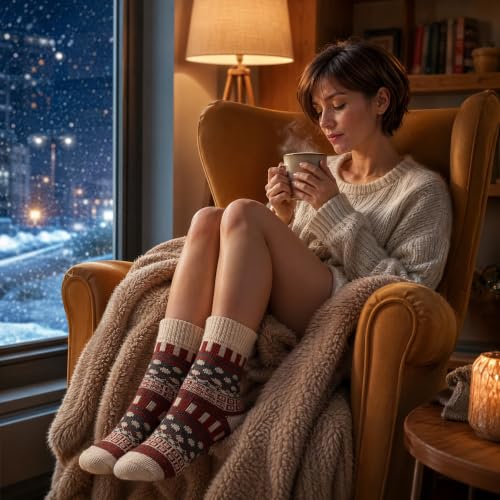 Image of Winter Women Socks 5 Pairs Vintage Wool Casual Thermal Crew Socks