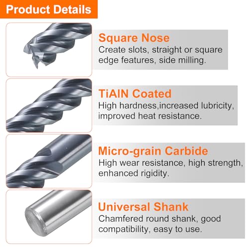 Image of HARFINGTON 5pcs Carbide Square Nose End Mill Bit 7 /64 inch Cut Dia 4 Flutes TiAlN Coated Milling Cutter for Hardened Steel Metal (7 /64 inch Shank 3 /8 inch Cut Length 1-1 /2 inch Long 45 Degree HRC53-55)