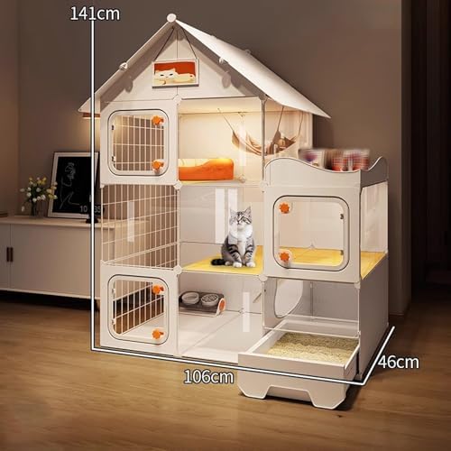 Spacious Multi-Level Cat Cage with Litter Box, Detachable PP Panels & Metal Wire, Ideal for 1-3 Cats/Kittens, Easy to Clean, 106x46x141CM, Perfect for Small Animals