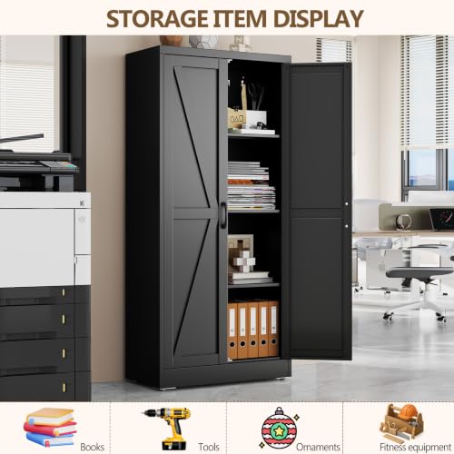 Image of Black Metal Storage Cabinet, 67 inch Kitchen Pantry Cabinets for Office | Steel Kitchen Pantry Storage with Doors and 3 Adjustable Shelves, Metal Tool Cabinet, for Office, Home, Garage, School