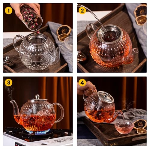 Image of Amzcku 50OZ /1500ml Vintage Glass Teapot with Removable Infuser - Stovetop Safe, Borosilicate Glass Tea Kettle for Blooming & Loose Leaf Tea