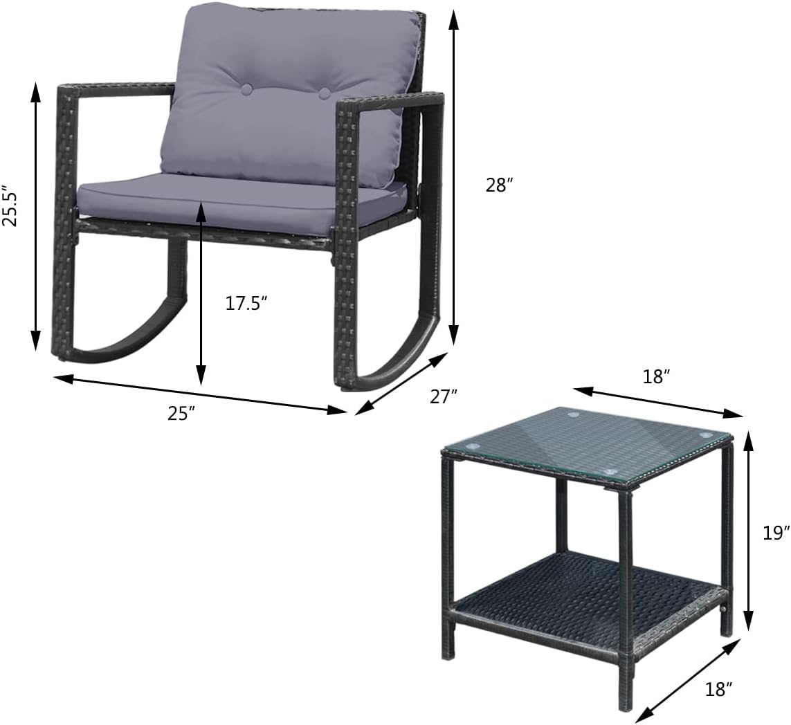 HAPPYGRILL 3 Pieces Rocking Bistro Set Outdoor Patio Conversation Set with Rocking Chairs and Coffee Table, Rattan Wicker Furniture Set for Garden Lawn Backyard Balcony