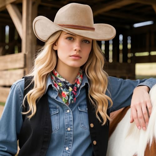 Image of DRESHOW Cowboy Hat for Women and Men Wide Brim Western Cowboy Cowgirl Hat with Belt Buckle Unisex Rolled up Caps