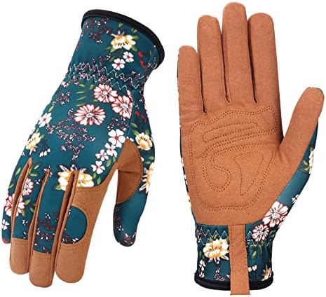 Bamllum Leather Gardening Gloves for Women - Working Gloves for Weeding, Digging, Planting, Raking and Pruning (Brown+Green)