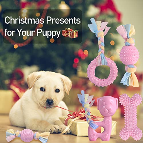 JYPS-Puppy-Dog-Teething-Toys-4pcs-Puppy-Chew-Toy-Set-with-Ball-and-Cotton-Ropes-Rubber-Chews-Toys-Interactive-Girls-Puppy-Accessories-Gift-Pink-for-8-Weeks-Small-Puppies-and-Medium-Dogs-Pink