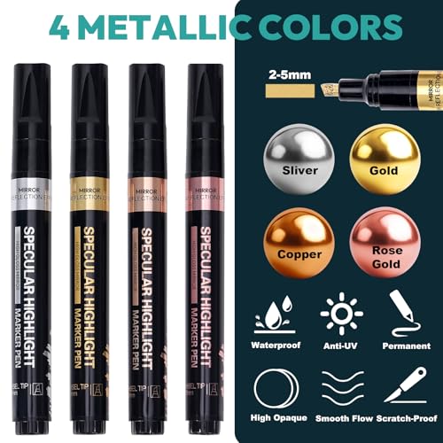 Image of Resiners Metallic Markers, Chrome Paint Marker for Metal Model, Glass Coloring, Stroke, Painting, DIY Craft, Reflective Gloss, 2-5 mm Larger Application Area, Epoxy Resin Tools (4 Colors)