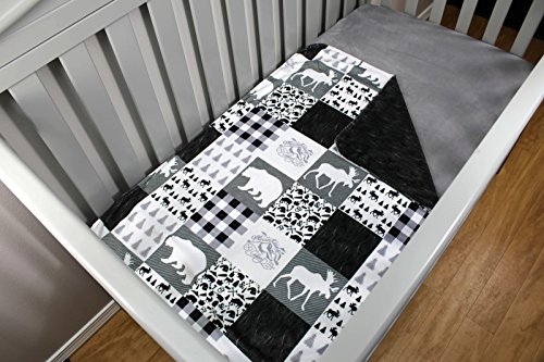 Image of Dear Baby Gear Bears Deluxe Baby Blanket - Reversible, Milestone & Newborn Gifts for Girls and Boys - Plaid,Bears, Moose, Mountains, Woodgrain Faux Quilt - Black Woodgrain- 40 inch x 30 inch