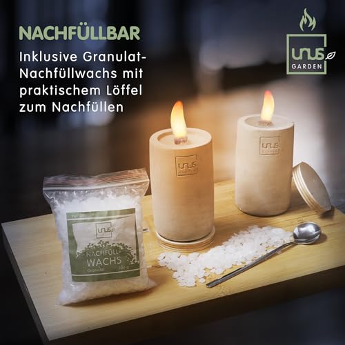 UNUS Beton- Feuer Outdoor, Set mit 2x lange Zylinder Beton Kerze, 100g Nachfüllwachs, Löschbretter und Löffel zum Nachfüllen, Tischkamin mit Dauerdocht, Tischfeuer Recycling Kerzenwachs-3