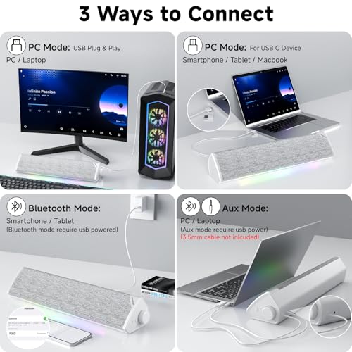 SOULION R60 White PC Speakers Bluetooth 5.3 Soundbar for Desktop Computer, Laptop, Gaming, Monitor, with 5 LED Lighting Effects, USB Powered with USB-A to C Adapter, with 3.5mm Aux Jack - Image 4