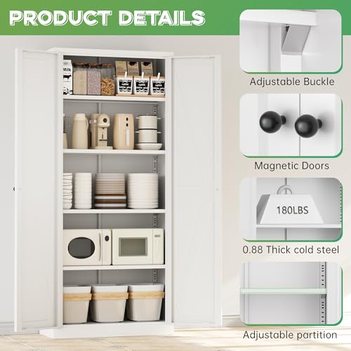 Image of INTERGREAT Metal Storage Cabinet with Magnetic Doors, 63 inch H Traditional European Style Metal Cabinets with 2 Doors and 4 Adjustable Shelves for Home Office, Kitchen, Bathroom (White)