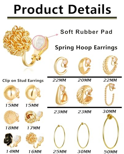 Tornito 15 Pairs Clip on Earrings 14K Gold Plated Chunky Flower Twist Knot Geometric Round Clip on Spring Hoops Earrings for Women Non-Pierced Fake Clip Earring Set Gold Silver Tone2