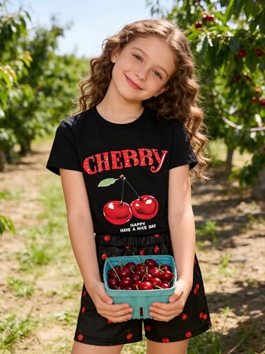 Image of KIDLAGA Girls Two Piece Sets Cherry Pattern Short Sleeve Shirts and Shorts Set With Pockets Girls Summer Outfits Size 7-14