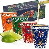 BCS Ceramic Shot Glasses Set of 4 - Tequila Gifts - Hand Painted Colorful Mexican Talavera Style Pottery - Handmade Unique Shotglasses for Mezcal Tasting - Decorative Barware for Women and Men (2 Oz)