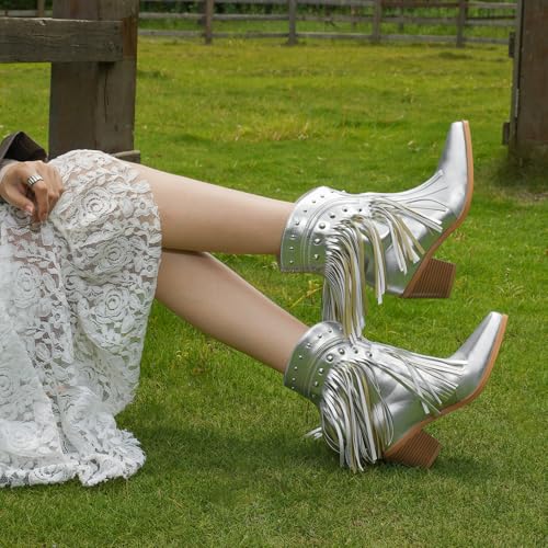 Image of Women's Western Ankle Booties Pointed Toe Cowgirl Boots with Fringe Tassels or Sparkly Rhinestone Fashion Short Boots for Casual Daily Wear