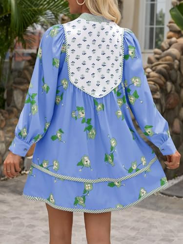 Image of Wenrine Womens Casual Floral Mini Dress Fall Long Sleeve V Neck Patchwork Loose Boho Shirt Dresses