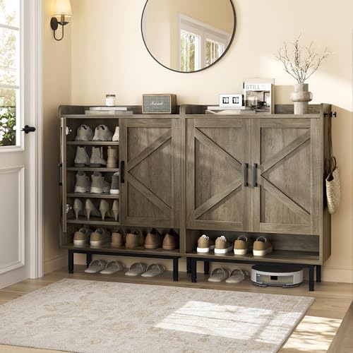 Image of Yaheetech Shoe Storage Cabinet with Doors, Farmhouse Shoe Cabinet with 2 Adjustable Shelves and 4 Side Hooks, Wooden Shoe Rack Organizer Cabinet for Entryway, Foyer, Hallway, Washed Gray