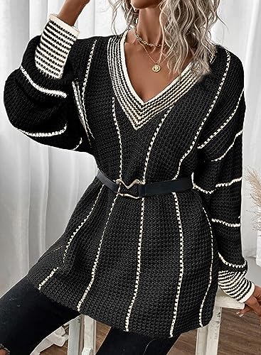 Image of Dokotoo Womens Oversized Striped Tunic Sweaters Casual V Neck Long Sleeve Color Block Knit Pullover Jumper Tops