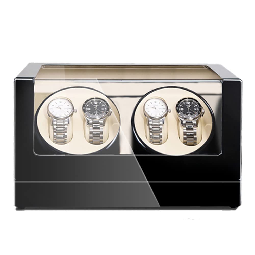 MYUYEE Automatic Watch Winder For 4 Watches Pu Leather Watch Box 5 Rotation Modes With Silent Motor Flexible Plush Cushion Piano Lacquer Wooden Wristwatch Box (A-Black)