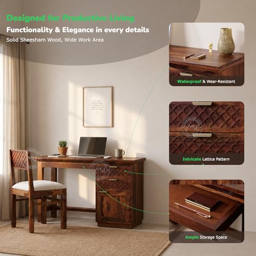 Image of NSH Solid Sheesham Wood Study Table with Chair | Wooden Writing Desk with Drawer & Door Storage | Pre-Assembled Computer Desk Workstation for Home Office & Study Room | Honey Finish