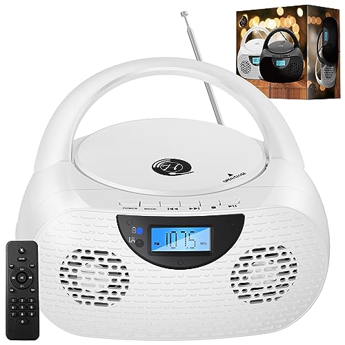 Hernido Portable CD Player, Bluetooth CD Boombox with FM Radio, Remote Contorl, Rechargeable Battery & 2 Stereo Sound Speaker, AUX-in/USB Playback/Headphone Jack
