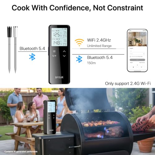 BFOUR WiFi Thermomètre Bluetooth sans fil pour la viande avec base autonome numérique, double sondes & 6 Capteurs de précision, IP67 Thermomètre à sonde de viande imperméable pour fumeur, BBQ, Four, gril