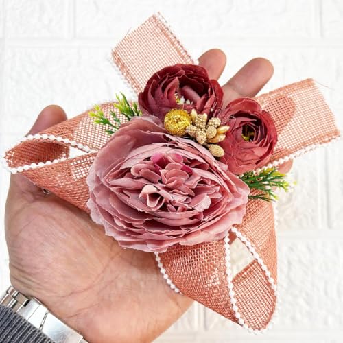 Image of ADIKALA Handmade Artificial Big Peonies 3 Flower Bunch for Trousseau Packing, Ready to use Flower Brooch Hamper for Decoration, Gift Wrapping Flowers (3, Brown)