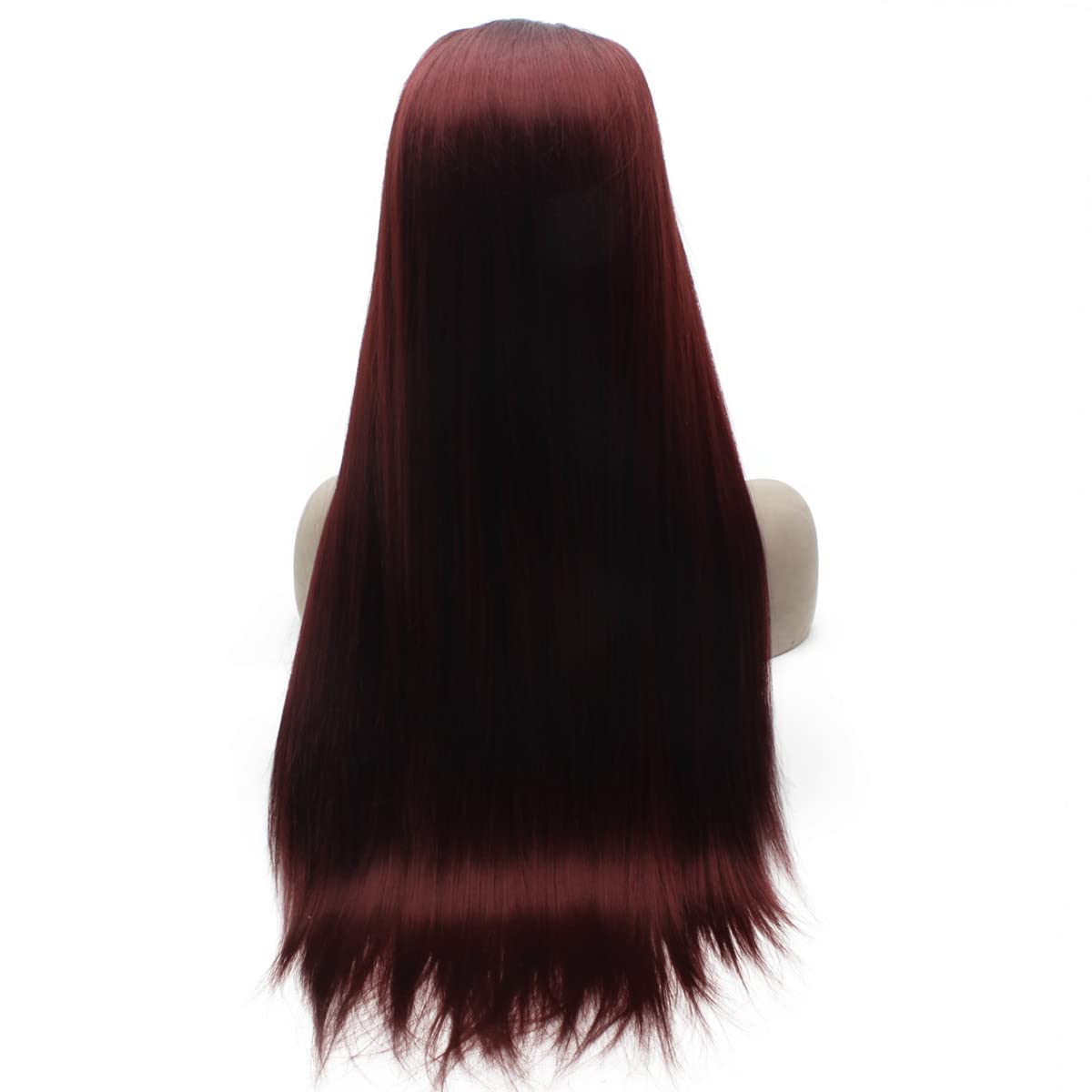 Peakia Long Straight Black Dark Red Ombre Two Tone Half Hand Tied Synthetic Lace Front Wig
