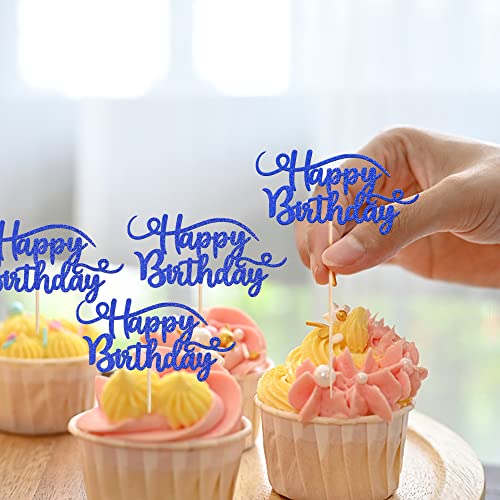 Rsstarxi 24 Pack Happy Birthday Cupcake Toppers Glitter Birthday Cupcake Food Picks For Celebrating Happy Birthday Theme Party Cake Decorations Supplies Deep Blue #TOP1