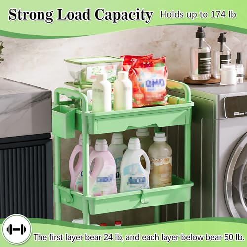 Image of SUNALLY 3-Tier Rolling Cart with Drawer & Lockable Wheels, Bathroom Storage Organizer Multifunctional Rolling Storage Cart for Bathroom, Kitchen, Office, Craft, Makeup, Baby Essentials, Green