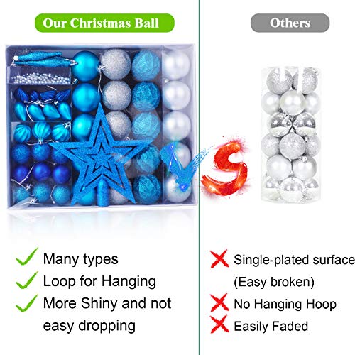 HOWAF Kerstboomballen set - 50 stuks kerstballen van kunststof zilver en blauw, plastic kerstballen onbreekbaar met hanger voor kerstboomdecoratie en kerstboomversiering - Image 4