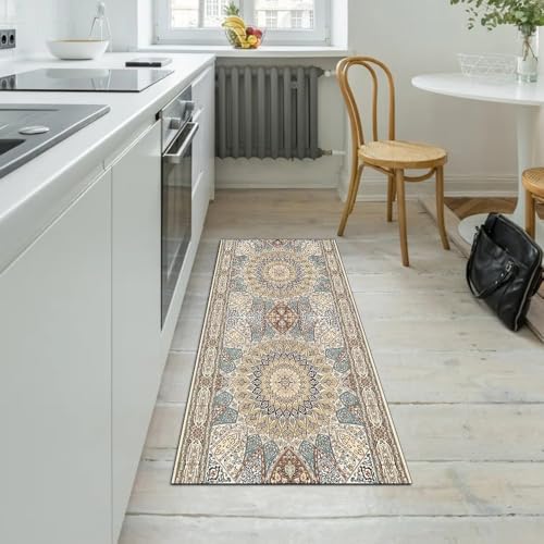 Alfombra larga bohemia beige de 120x150 cm lavable para el pasillo de casa 5