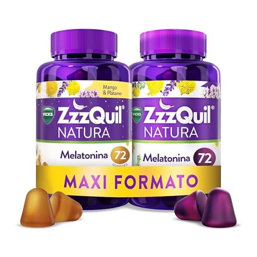 ZzzQuil Natura Gummies de Melatonina 1mg con Valeriana, Complemento Alimenticio para dormir sabor Frutos del Bosque y Mango y Plátano, 2x72 Gummies