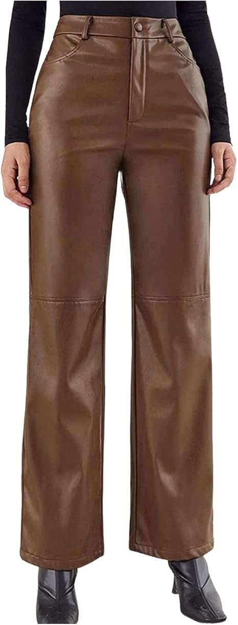 SLENDIPLUS Calças femininas com bolsos cintura alta e larga cor de couro lisa reta slim fit calças calças calças confortáveis suéteres