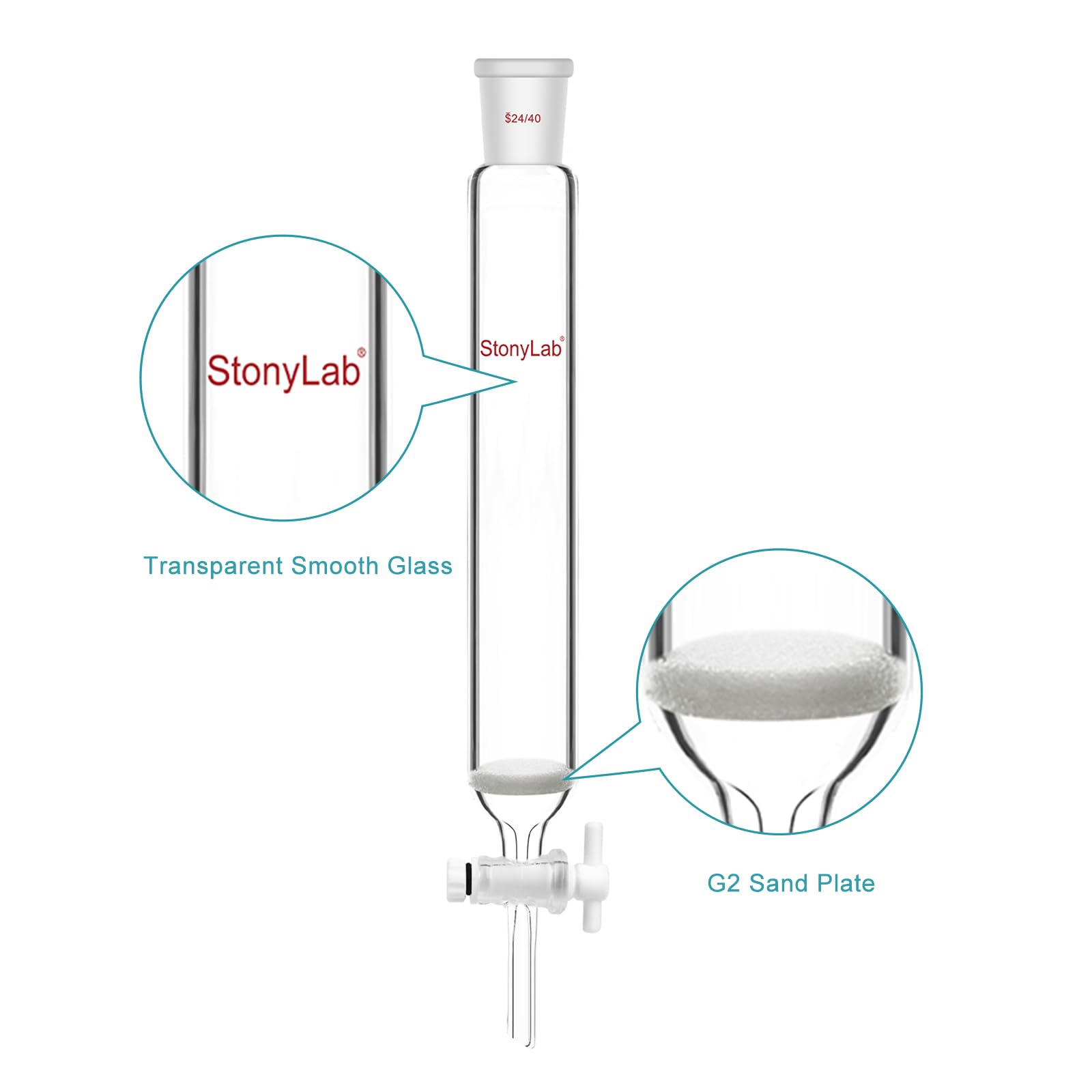 stonylab Chromatographiesäule, 38 mm Innendurchmesser, 203 mm effektive Länge, G2 Sinterplatte, 24/40 Schliff, Hochborosilikatglas für den Laboreinsatz