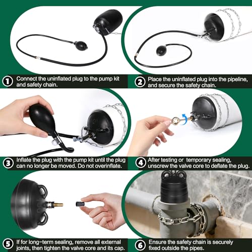 Image of 2 Inch Inflatable Pipe Plug Balloon Kit with Extension Hose,Safety Chain & Pump, Rubber Sewer Test Ball for Drain Blocking, Plumbing Pressure Testing /Leak Detection(Fits 1.8 inch-2.2 inch Pipes)