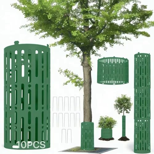 Baumstammschutz - 10er Set (20 x 33cm) Erweiterbarer Baumschutzhülle Stammschutz mit 10 U-Klammern Baumschutz Wildverbiss Schutz Baumstamm Baumschutz Stammschutz mit Lüftungslöchern. (Dunkelgrün)
