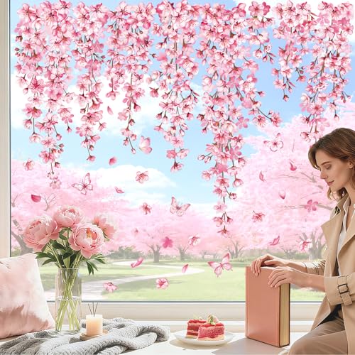 decalmile Autocollants Fenêtre Fleur de Cerisier Printemps Anti-Collision Stickers Floral Vigne Rose Plantes Papillons Stickers Vitre Anti-Adhésifs Fenêtre...
